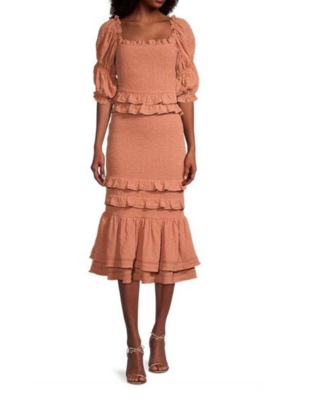 Rachel Parcell Bubble Crepe Smocked Ruffle Midi Dress Dusty Peach Coral Size XS
